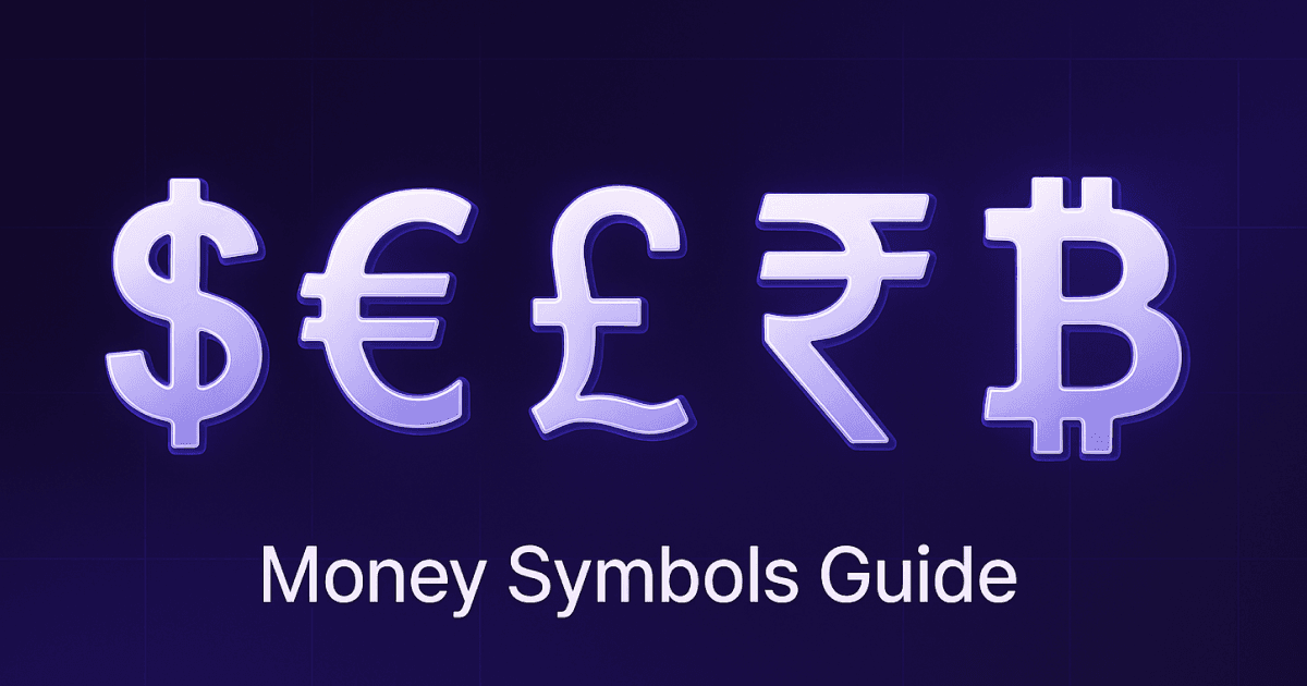 Collage of glossy 3D currency symbols - dollar, euro, pound, yen, rupee and bitcoin with the caption Money Symbols Guide.