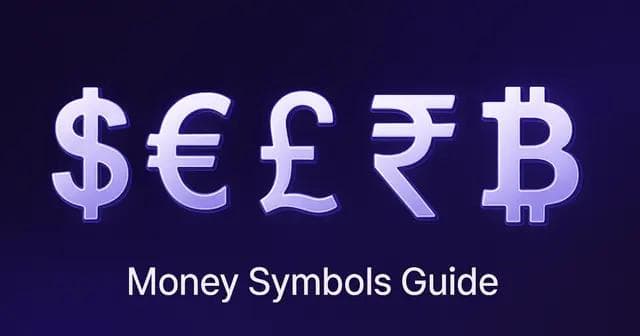 Collage of glossy 3D currency symbols - dollar, euro, pound, yen, rupee and bitcoin with the caption Money Symbols Guide.